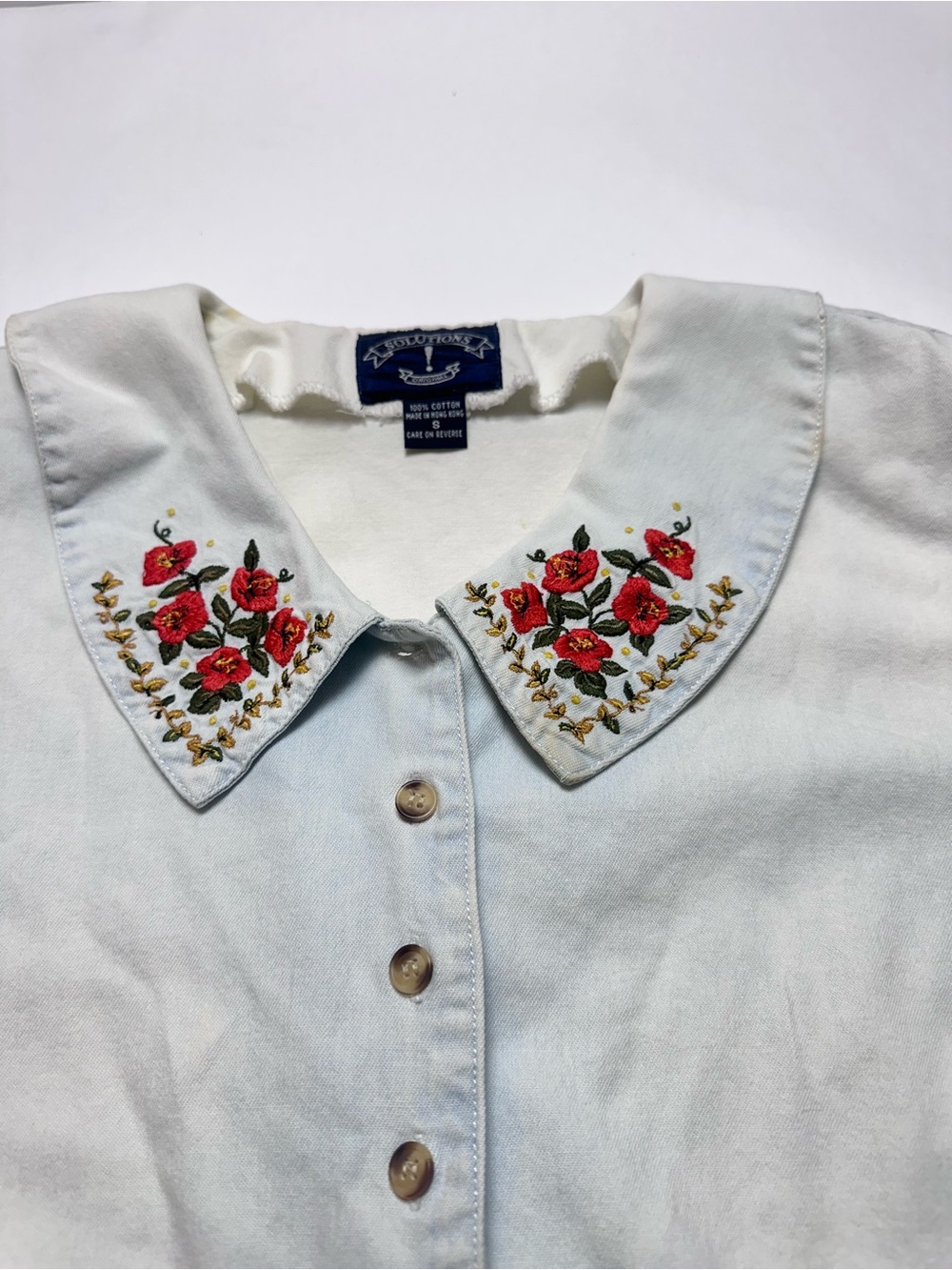 Vintage 90s Solutions Floral Embroidered Collar Cotton Blouse Shirt S - Picture 9 of 9